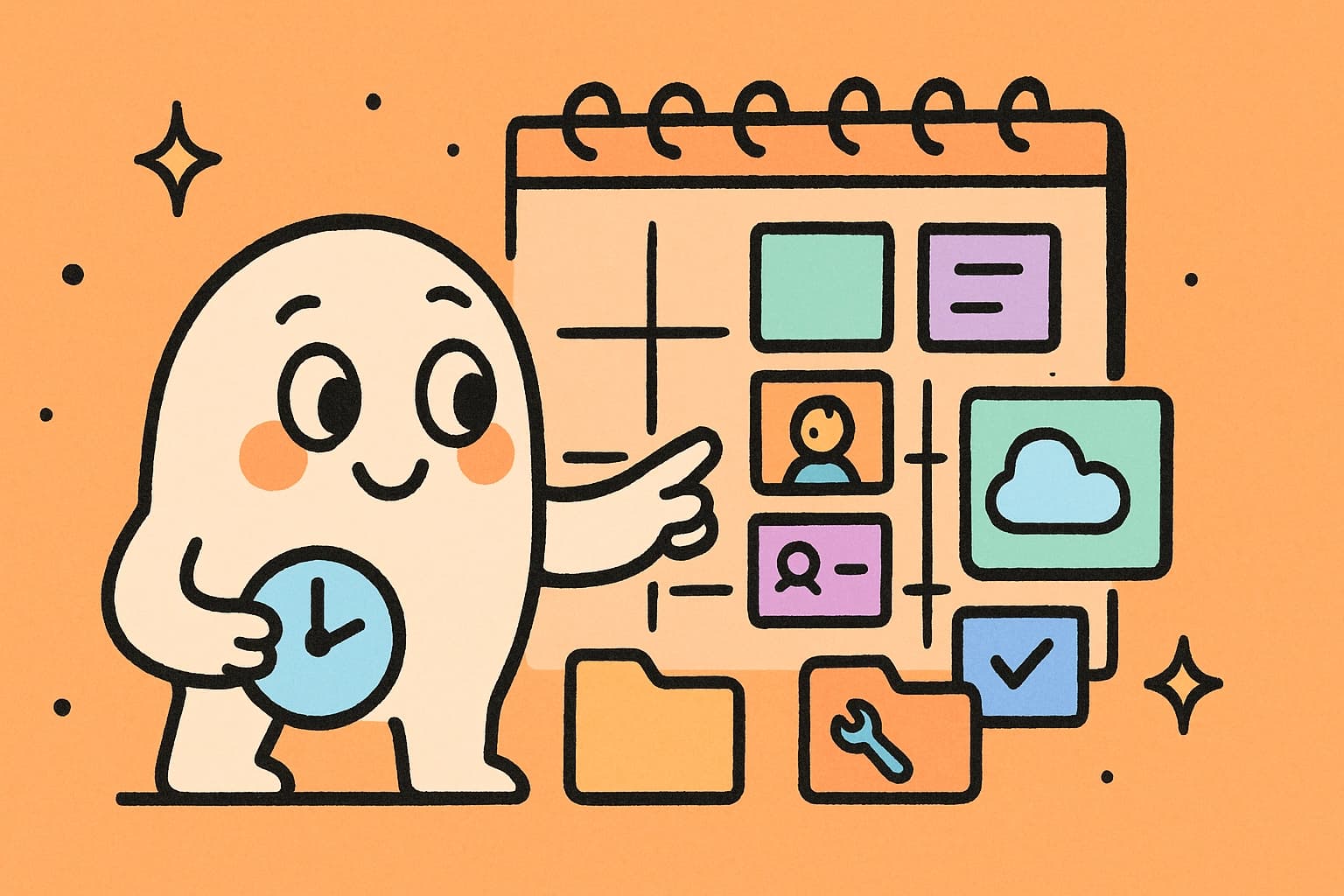 Illustrated calendar showing color-coded appointments with employee assignments and time slots