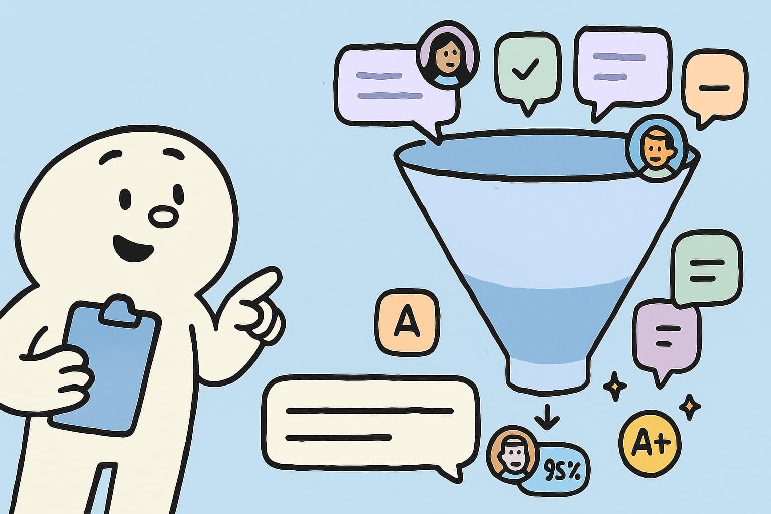 Illustrated lead qualification funnel with scoring indicators