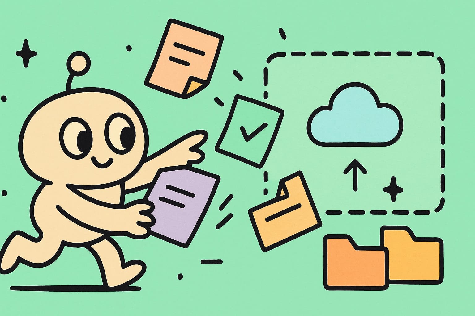 Illustrated document upload interface showing drag-and-drop zone with file cards and organization folders