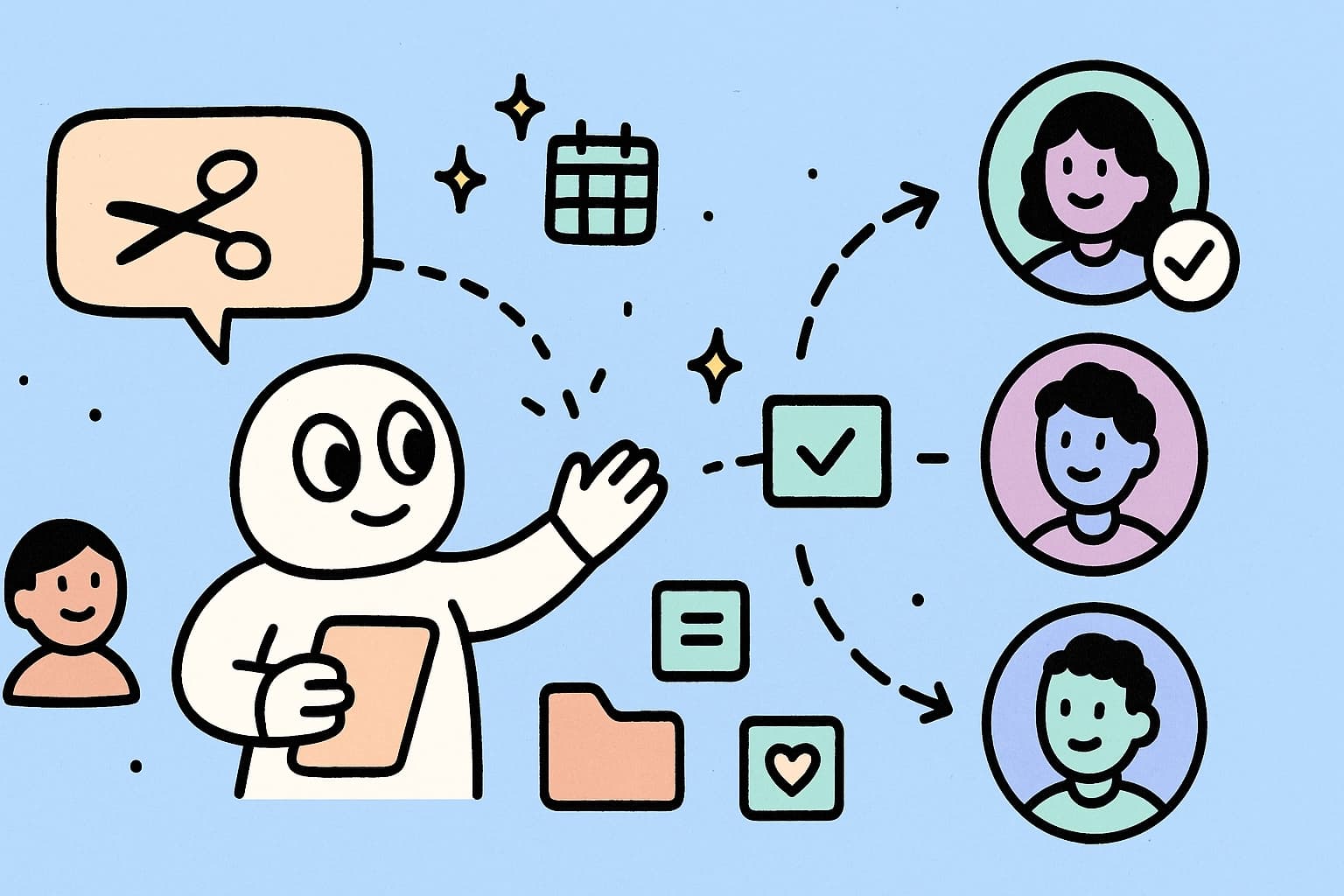 Illustrated appointment routing system showing customer request being matched to available employee